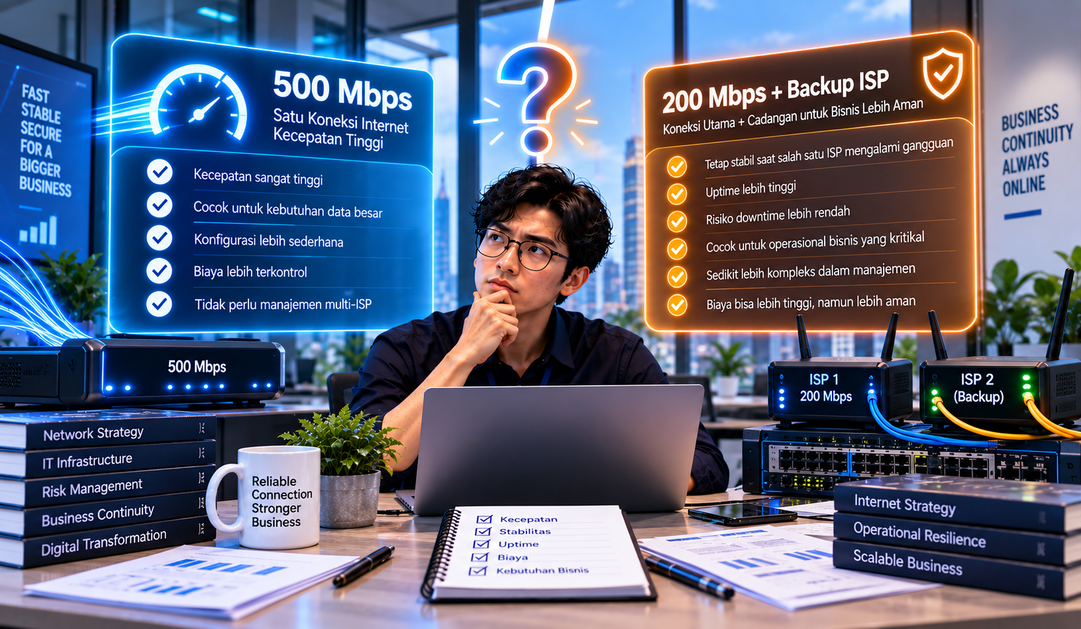 Internet 500 Mbps atau 200 Mbps + Backup ISP: Mana yang Lebih Baik untuk Bisnis?